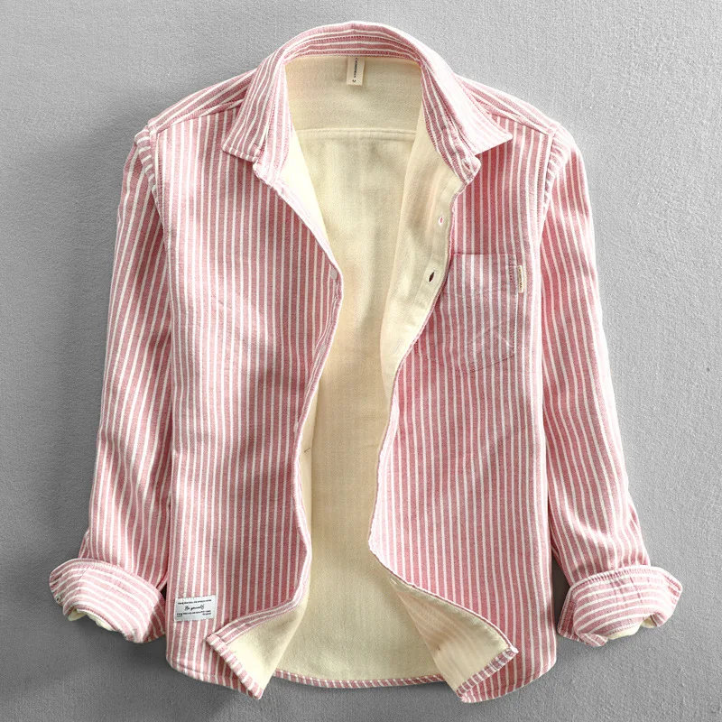 Helisopus 2022 New Autumn Winter Men's Shirt Striped Plus Velvet Fleece Lined Shirt Thick Warm Male Shirt Casual Men Clothing