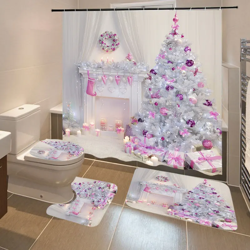 

Рождественская тематическая занавеска для душа, коврик для ванной, коврик, Нескользящая драпировка для ванны с принтом, праздничный декор, ...