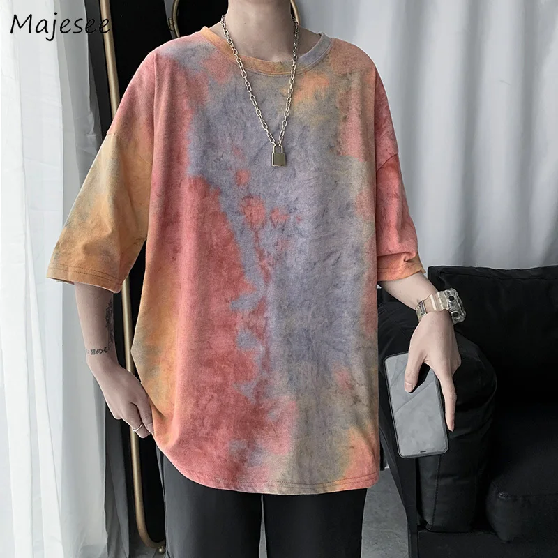 

Футболка мужская с коротким рукавом Tie Dye, свободная модная тенниска для отдыха, винтажный стиль ольччан, простая уличная одежда в корейском ...