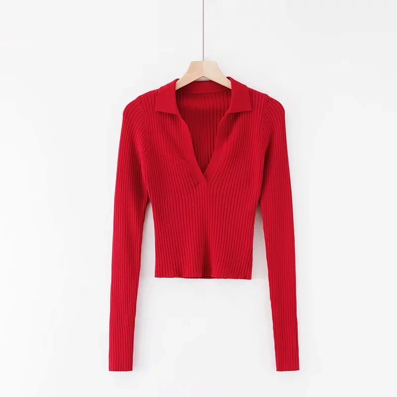 

Women Solid Color Crop Top Exposed Navel Shirts Long Sleeve Lapel Top Stylish Knitwear Female Spring Autumn Clothes Shirt