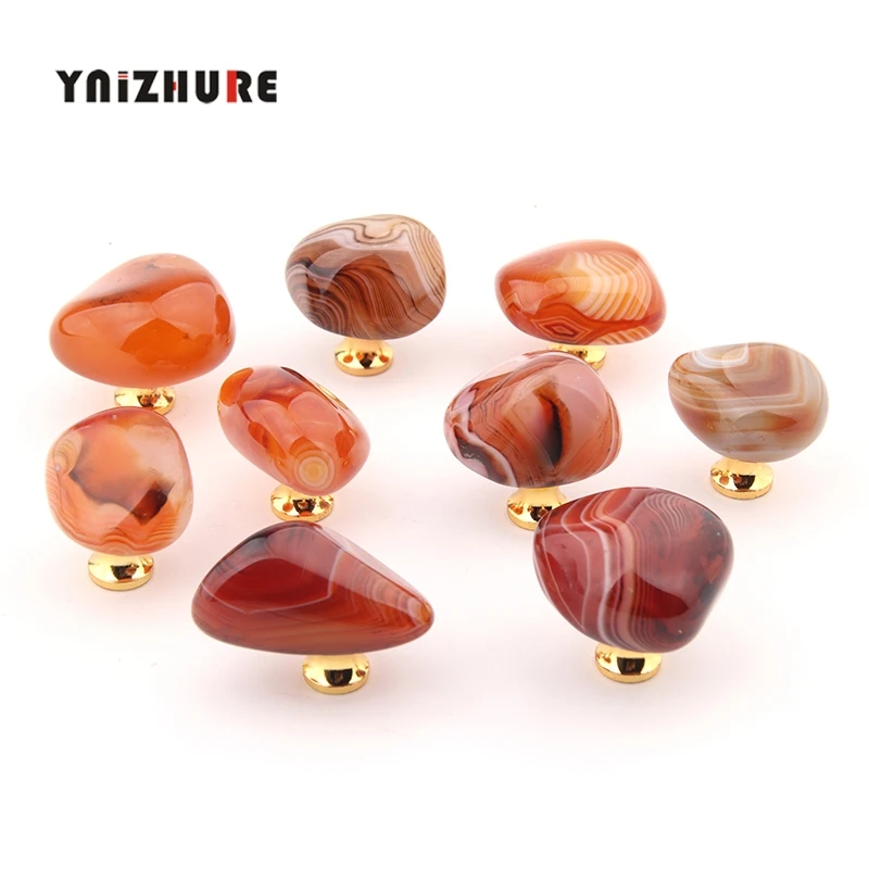 

Light luxury Natural Silk Red Agate Carnelian Handle Metal Base Drawer Cabinet Wooden Box Knobs Carnelian Kitchen Cabinet Pull
