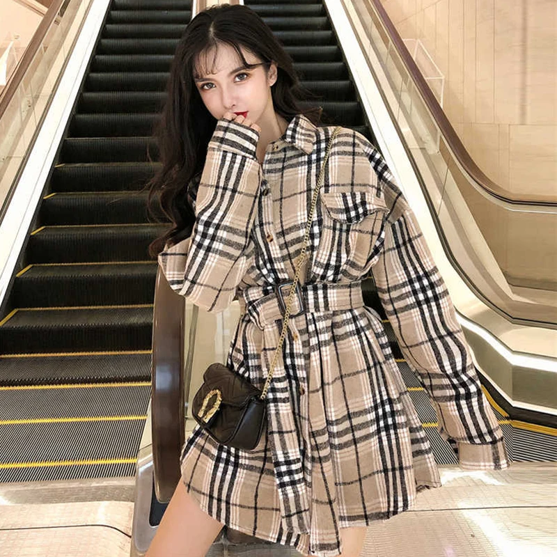

Осень/Зима 2021 Корейская версия короткого ремня средней длины с шлифованной клетчатой свободной шерстяной рубашки с длинными рукавами женс...