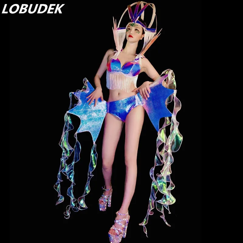 

Новинка, танцевальный костюм для ночного клуба, бара, диджея, певицы, Модный комплект бикини с бахромой, головной убор, сексуальная сценичес...