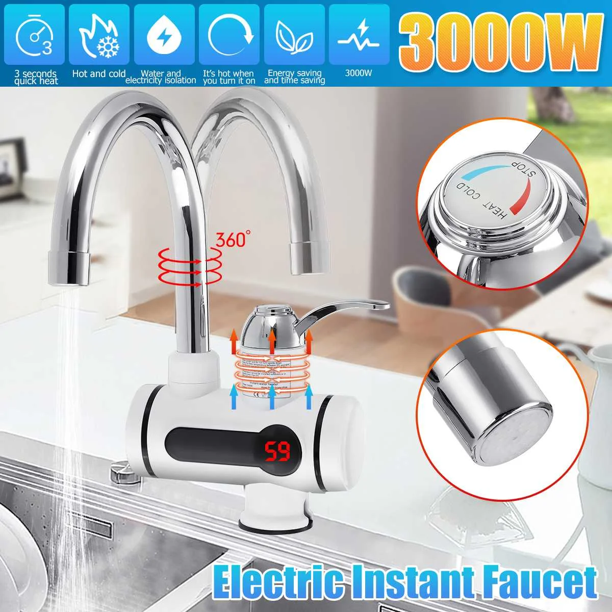 

3000W Electric Kitchen Faucet With Temperature Display IPX4 Waterproof Cold Heating Faucet Heater Instantaneous Water Heater