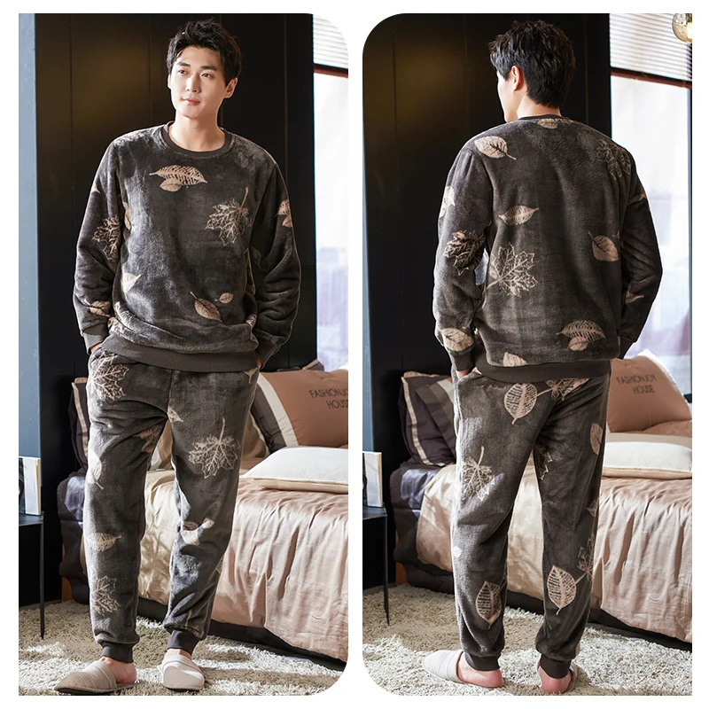 Korean Winter Sleepwear Casual Loose Long Sleeve Coral Fleece Thicken Warm Plus Size Sleepwear Szata Zestawy Men's Sleep DB60SY
