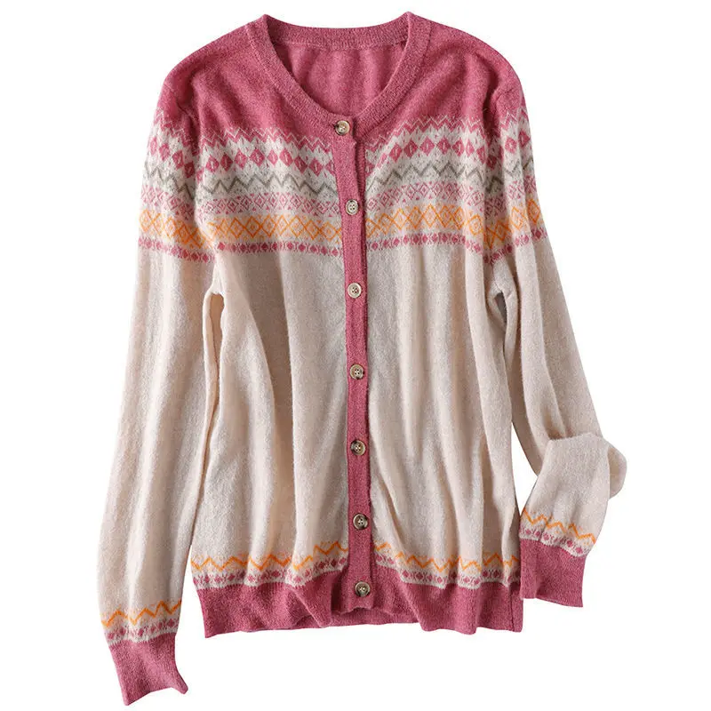 

2021 autumn and winter new jacquard retro joker national style loose long sleeve round neck knitted cardigan sweater women