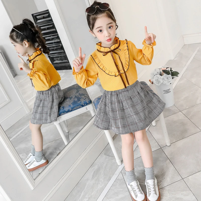 

Preppy Style Teen Girls Clothes Autumn Ruffles Bow Long Sleeve Shirts + Plaid Skirts 2Pc Baby Kids Sets School Uniform Vestidos