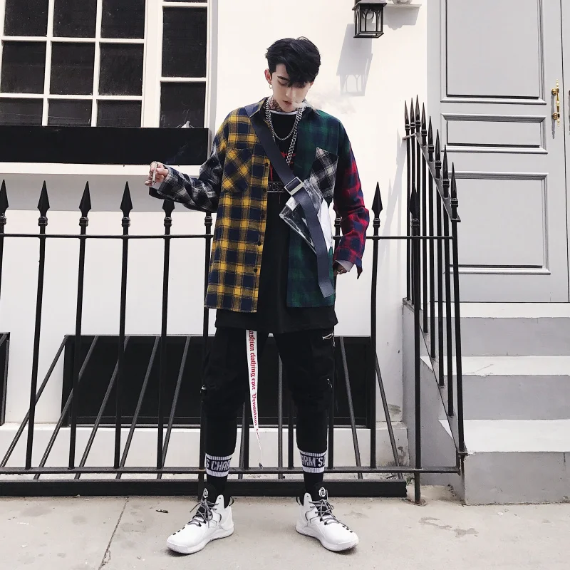 Стильная одежда в стиле хип-хоп весна-осень 2019 унисекс Лоскутная рубашка клетку