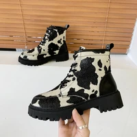 2022 autumn cow color small short boots womens single boots round toe lace square heel thick soled martin boots platform boots