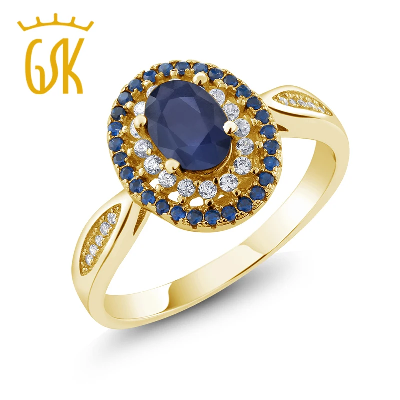 GemStoneKing 1 62 Ct ОВАЛЬНЫЙ натуральный синий сапфир 18K желтое золото покрытое Серебро