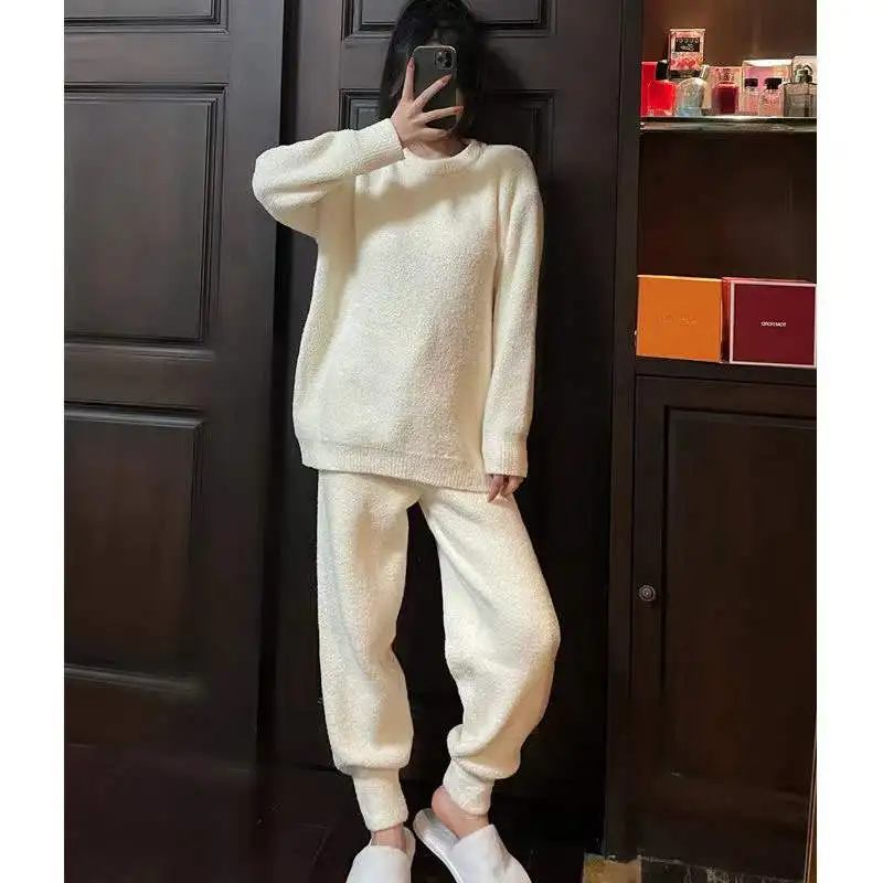 Pajamas Sets For Women Round Neck Casual Coral Fleece Pyjamas Suit 2Piece /Set Long-Sleeved Trousers Home Clothes Homewear