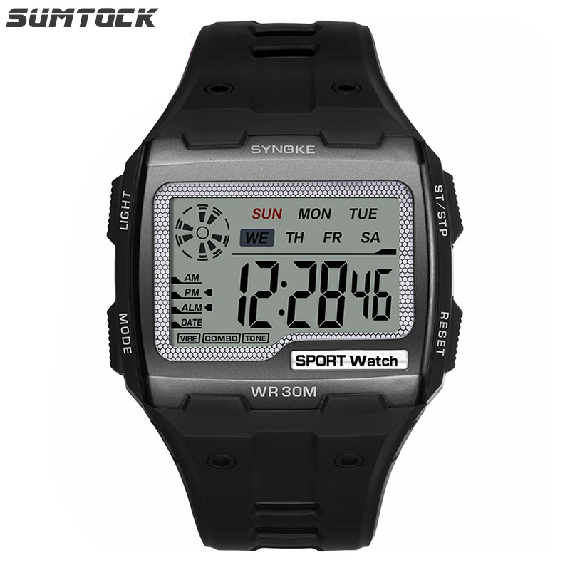 Black Watch SYNOKE большой экран дисплей электронные часы для мужчин 30 м Водонепроницаемый Будильник хронограф ночной Светильник 12/24 часов часы - Цвет: Black Watch