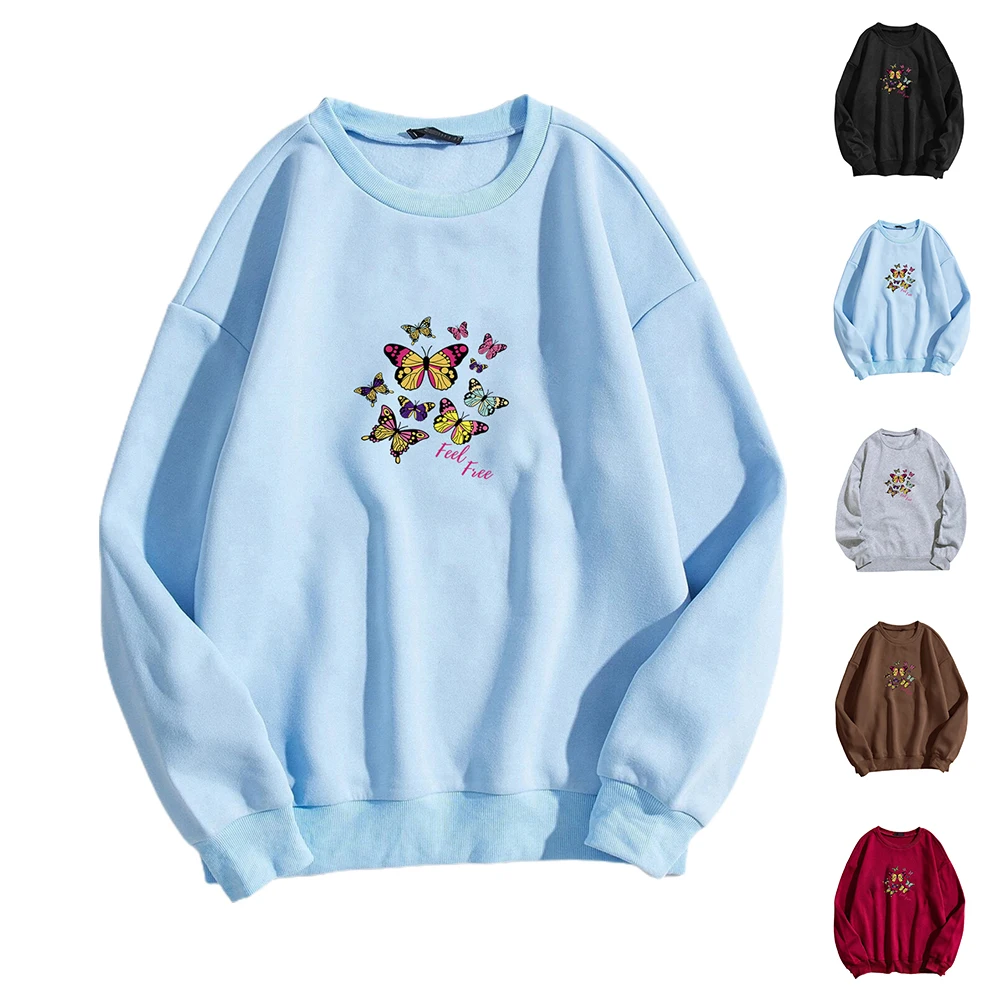 

Свободные простые толстовки, пуловер с принтом бабочки, теплый свитер, свитшот, пуловер с длинным рукавом, топ, блузка, женская одежда