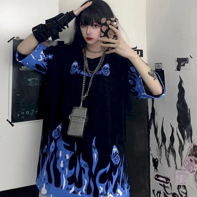 Футболка в Корейском стиле Harajuku темноте бабочки принт пламя свободно