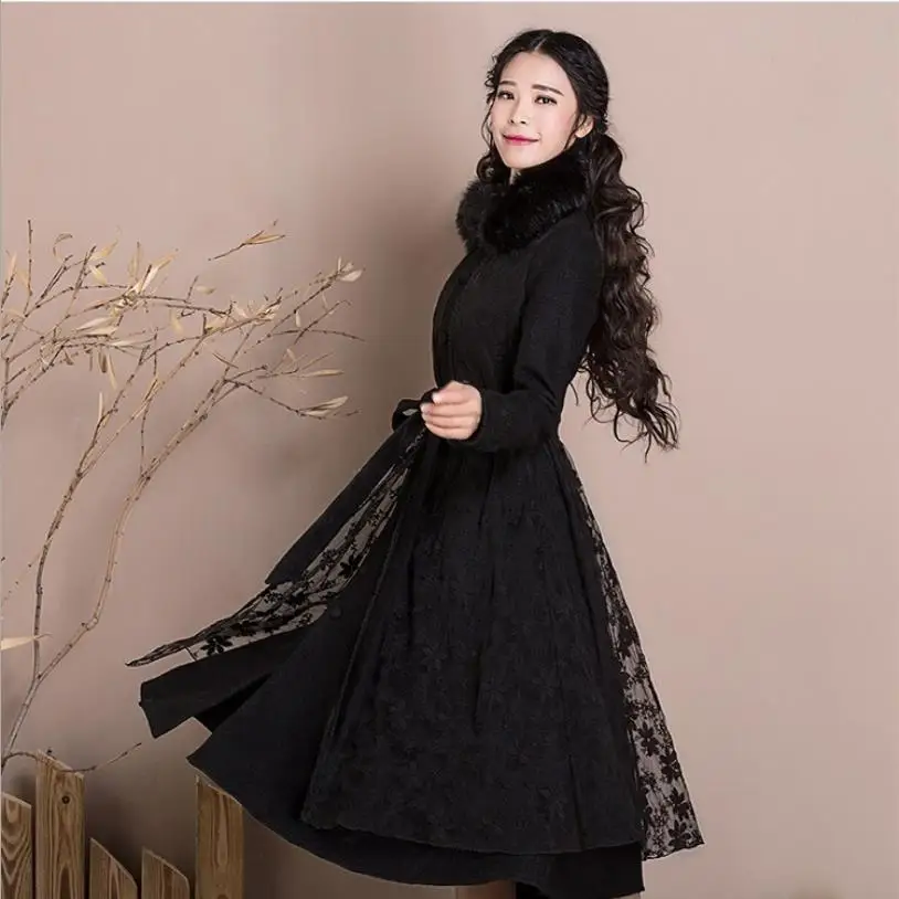 Winter fashion brand lace stitching with real fur woolen jacket women's single breasted over the knee long woolen coat wq545