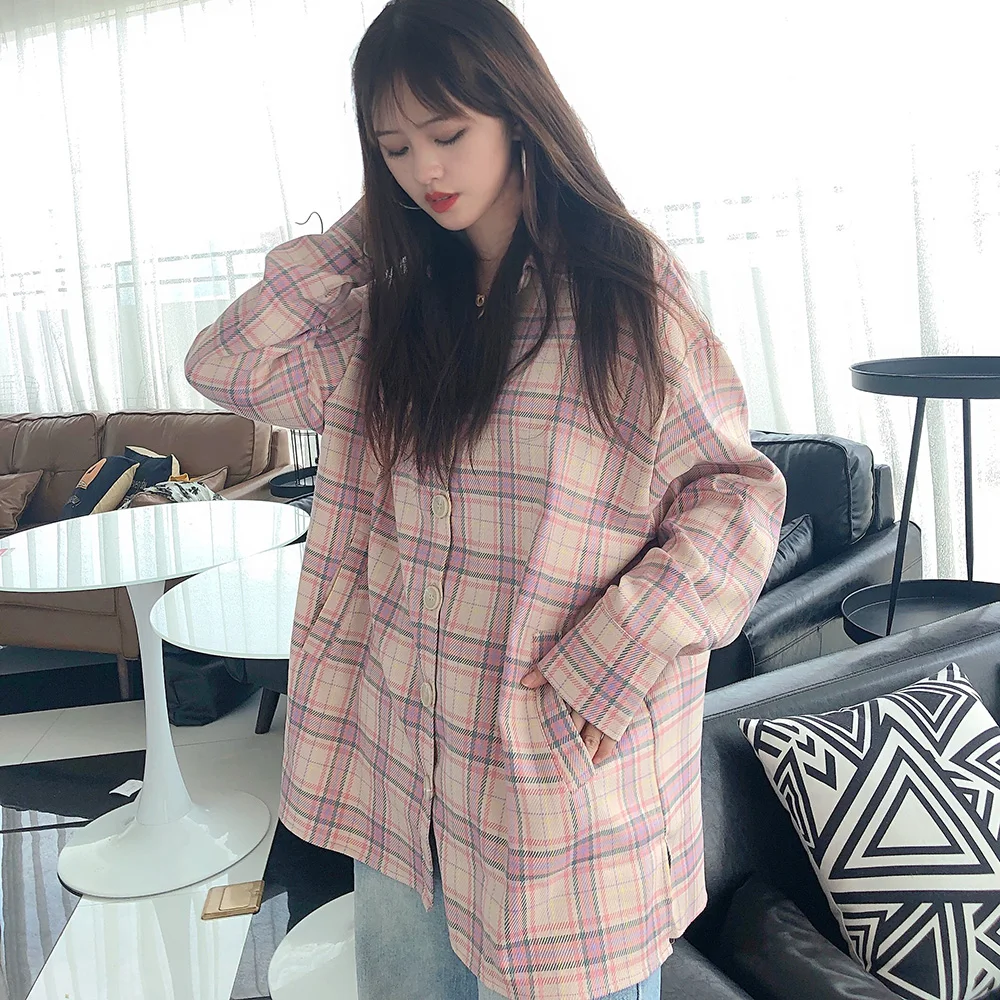 Осень 2019 корейский стиль свободный большой размер клетчатая блузка женская