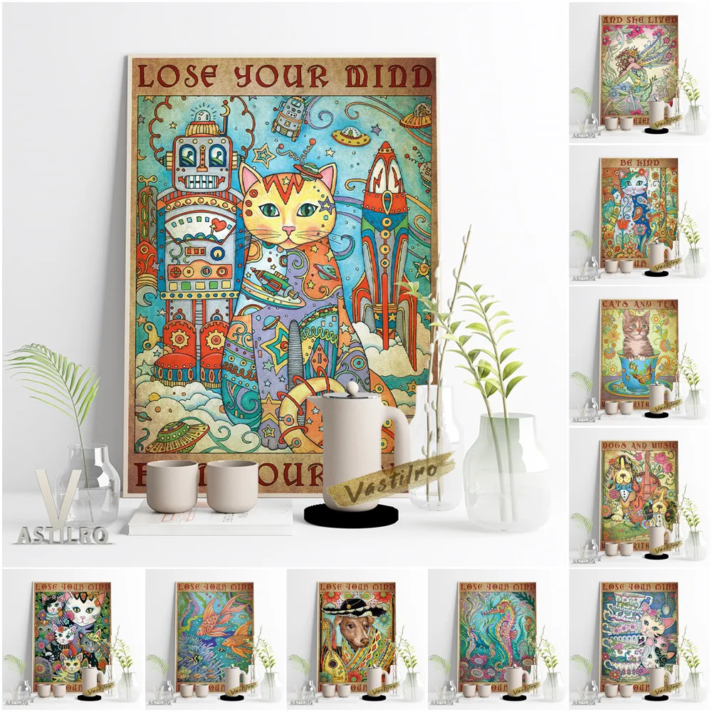 

Abstract Animal Cat Mermaid Vintage Art Prints Canvas Painting Poster Flower Dog Wall Picture Kids Room Home Decor Child Gift