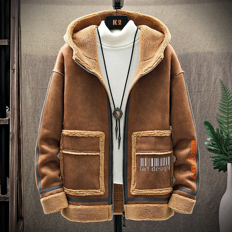 

2021 Autumn And Winter New Men's Suede Streetwear Jacket Men Windbreaker Korean Of The Trend Plus Velvet Thickened Lamb Top