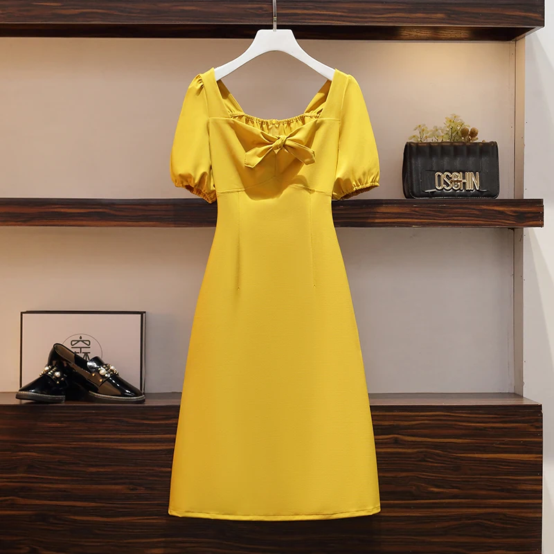 

L-4XL 2021 Summer New Ladies Square Collar Retro Dress Season Fashion Temperament French Puff Sleeve Lace-Up Hip Skirt Slim Fit