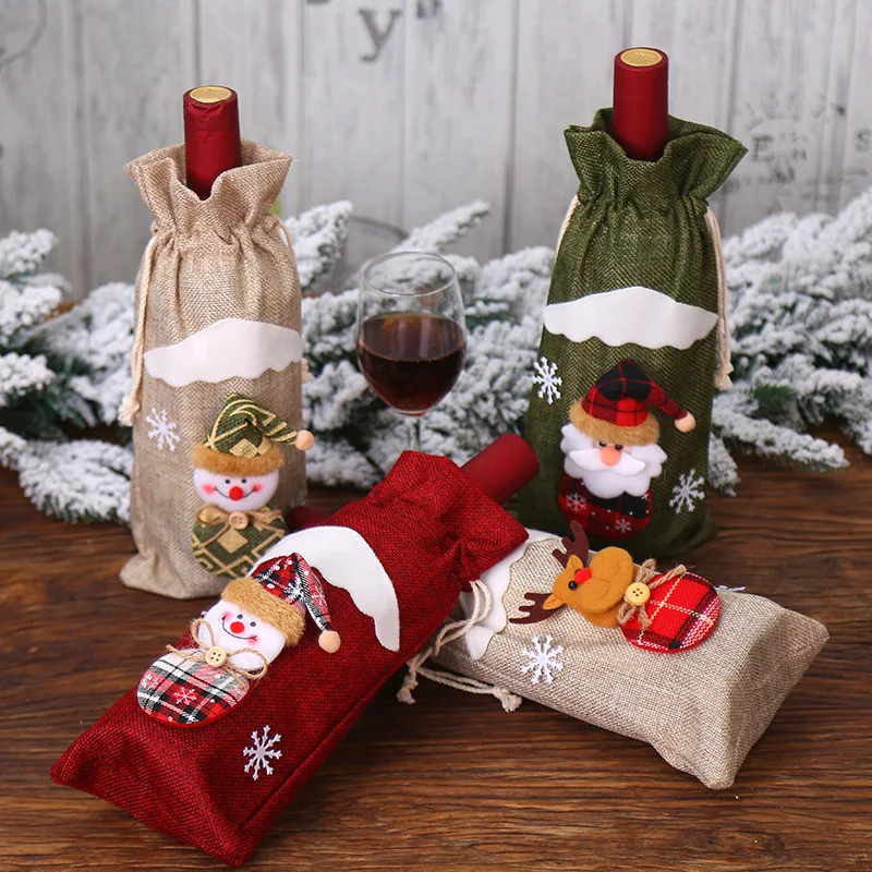 

Christmas Santa Wine Bottle Apron Cover Wrap Linen Attractive Cloud Snowman Bottle Cover Xmas Dinner Party Table Decoration