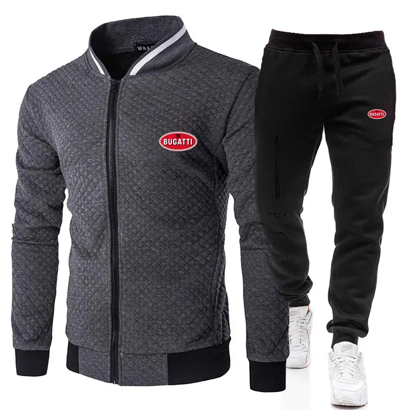 

2021 fashion sports BUGATTI logo brand printing zipper shirt + trousers suit men's clothing slim sportswear 2-piece set