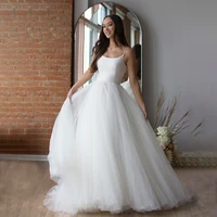 gorgeous satin and tulle a line wedding dress square neck sleeveless backless simple plain bridal gowns