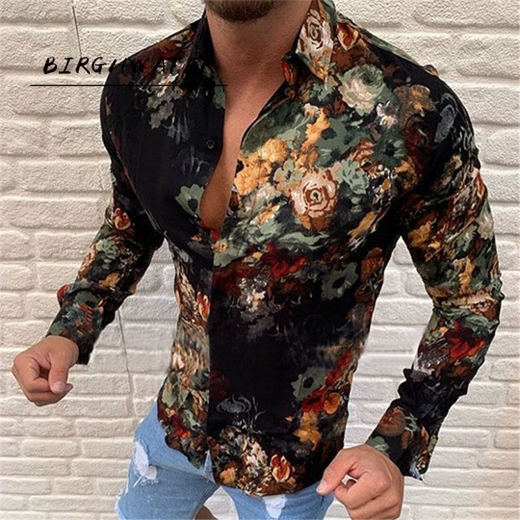 

Men's Floral Shirt Long Sleeve Casual Shirt Fashion Rose Flower 3D Printed Turn-down Collar Slim Shirt For Mens