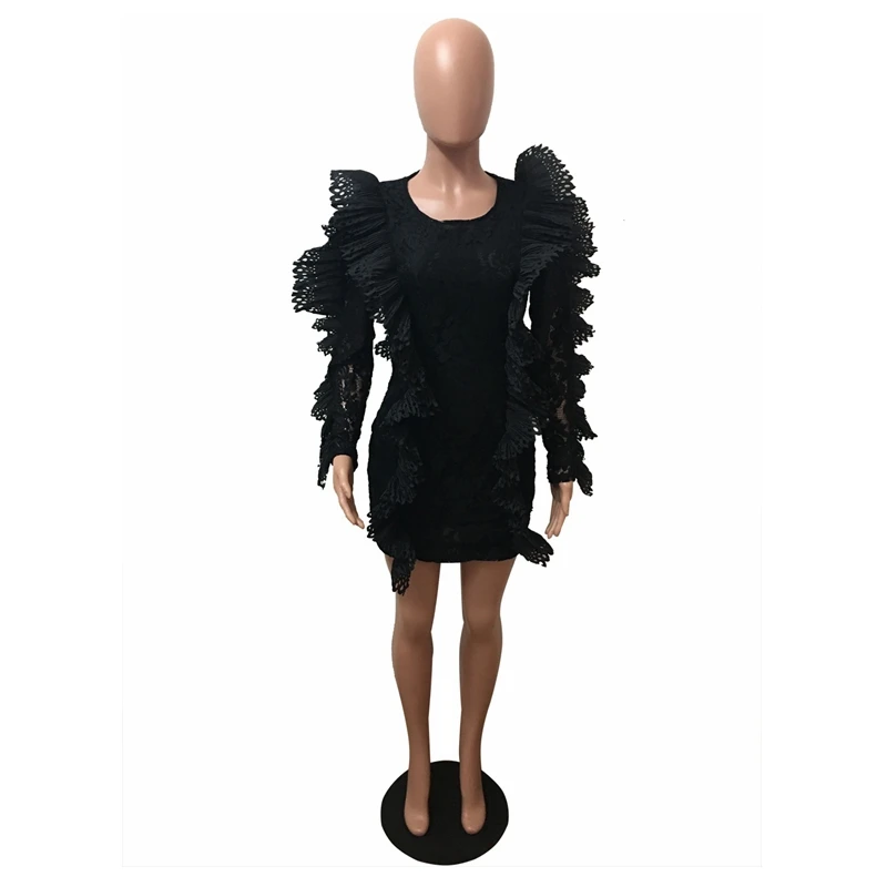 

WEPBEL Dress Spring Summer Sexy Long Sleeve O-Neck High Waist See-through Dress Women's Casual Ruffled Lace Stitching Dress