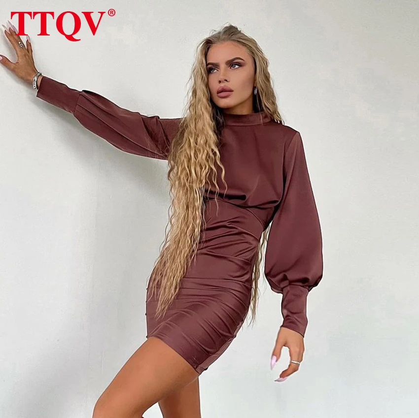 

TTQV Sexy Stand Collar Red Wine Satin Women Dress Bodycon Lantern Sleeve Mini Dress For New Year 2022 Elegant Christmas Dress