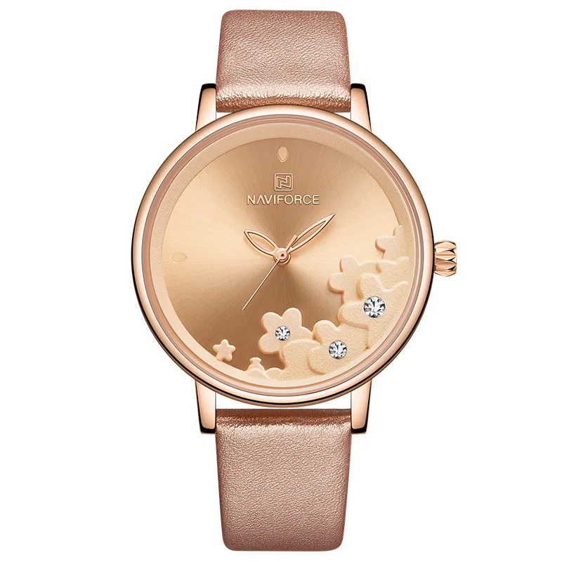 Rose Gold NAVIFORCE люксовый бренд дамы цветок для женщин часы кожаный ремешок наручные часы Леди Мода кварцевые часы Девушка розовое золото Reloj Mujer - Цвет: Rose Gold