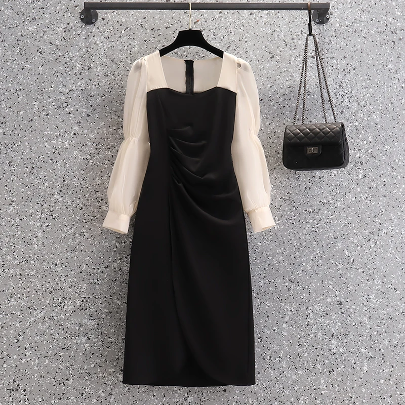 

4XL Plus size women vintage Patchwork slim dress autumn winter 2021 long sleeve elegant casual sexy Split fork long dresses