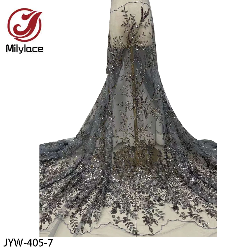 Tela de encaje de tul con cuentas, tejido de red de lentejuelas francesas africanas de alta calidad para JYW-405 de costura, gran oferta-5