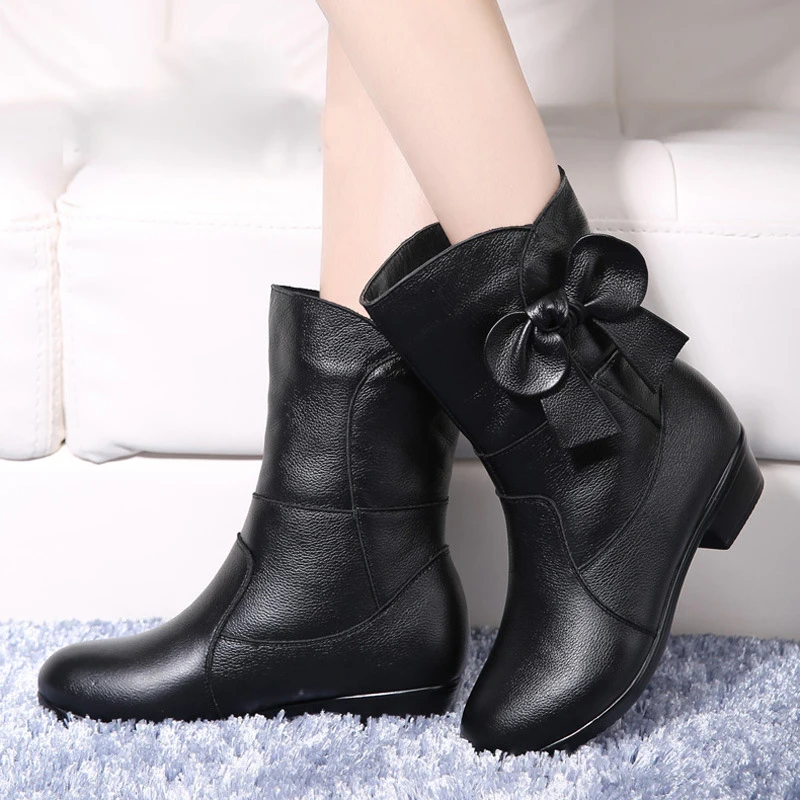 

TIMETANG Women Old Mother Female Ladies Shoes Boots Flower Plush Fur Winter Warm Cow Genuine Leather Mid-Calf 35-41