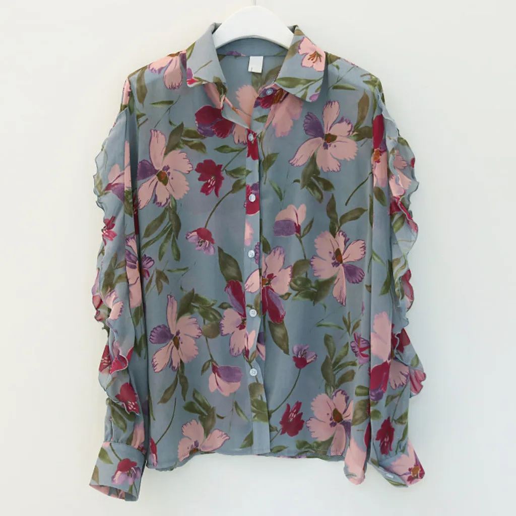 Fashion Ladies Blouses Women Chiffon Long Puff Sleeve Printed V-Neck Top Button Shirts ropa mujer рубашка женская#GH | Женская