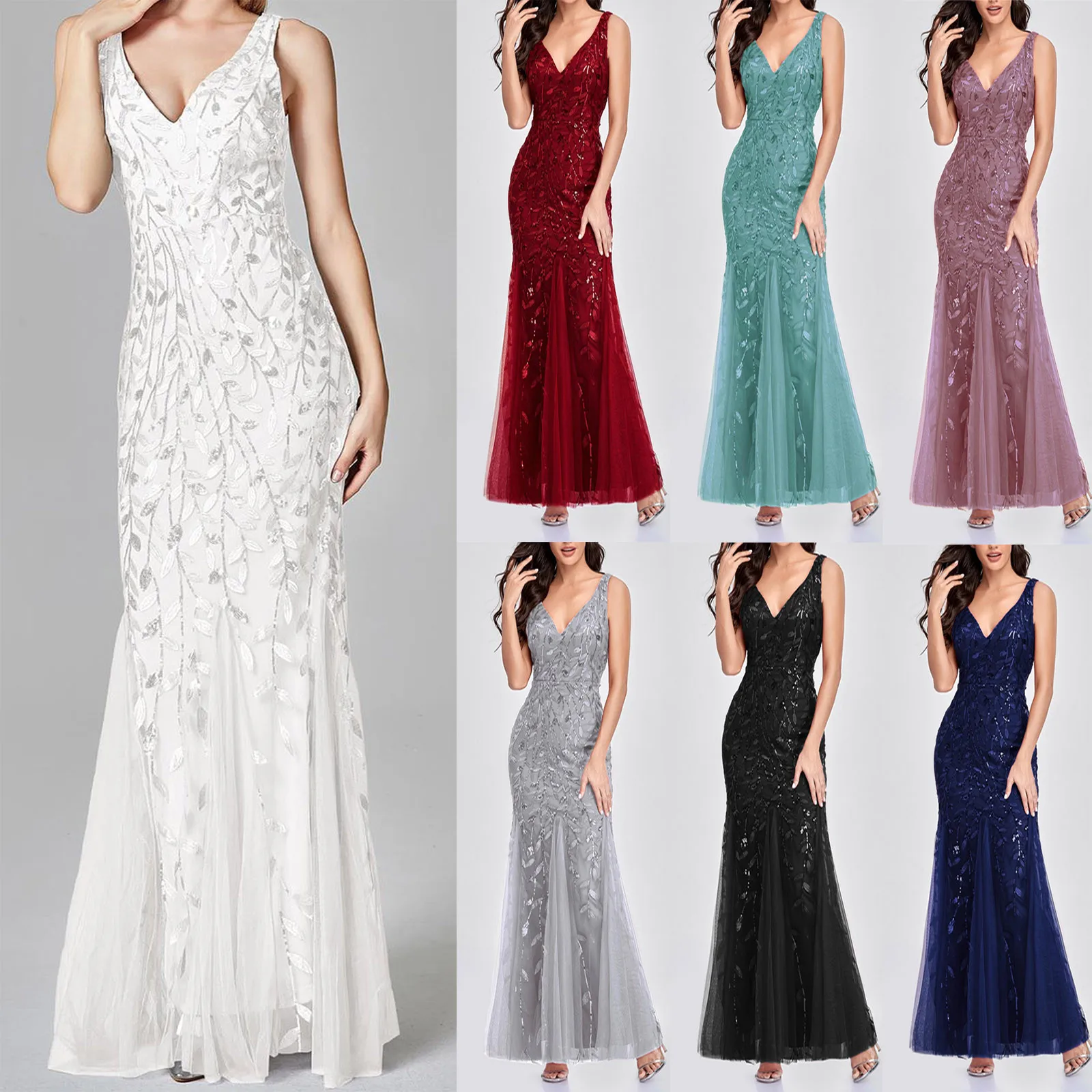 

Long Dresses Women Sexy V-Neck Embroidered Beaded Slim Sleeveless Fishtail Party Dress Deco Party Party Gown A20