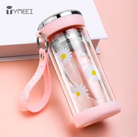 ymeei 320ml cute glass water bottle with rope stainless steel infuser strainer bottle double wall cup for girl school drinkware