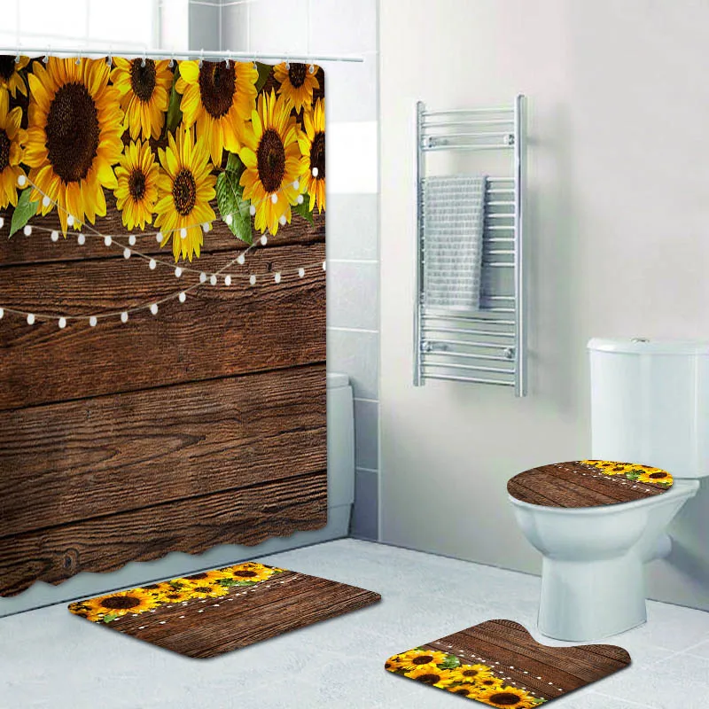 

Деревянная доска в деревенском стиле, Подсолнухи, занавеска для душа, занавеска для ванной комнаты, винтажная занавеска с подсолнухами и цв...