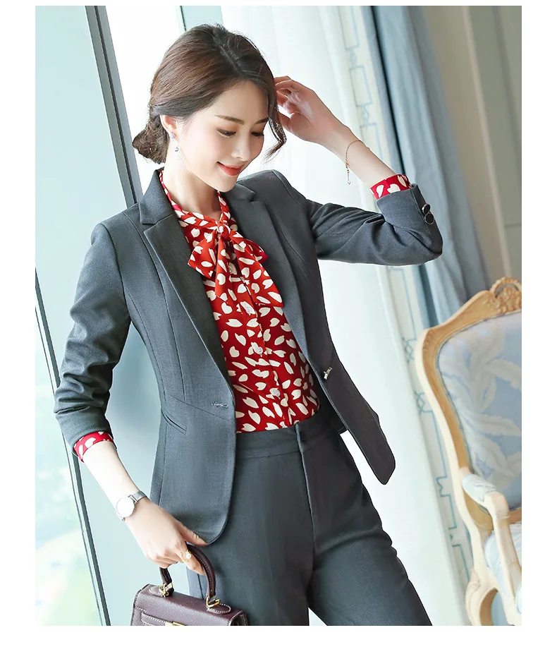 Серый формальный элегантный женский комплект из 2 предметов строгие брюки