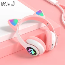 M&J Cute Cat LED Earphones Wireless Headphones Muisc Stereo Bluetooth Headphone With Mic Children Girl Earpieces Headset Gift