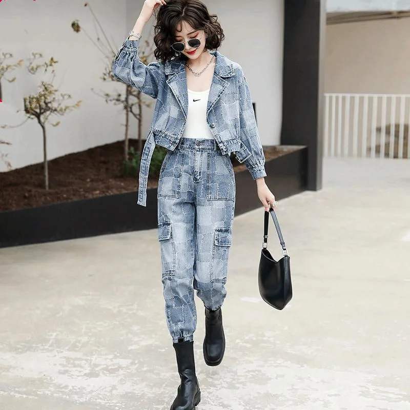 

Female Fried Street Tooling Denim Suit 2021 Women Spring Autumn New Hong Kong Short Jacket Trousers Casual Two-Piece Suit A177CH