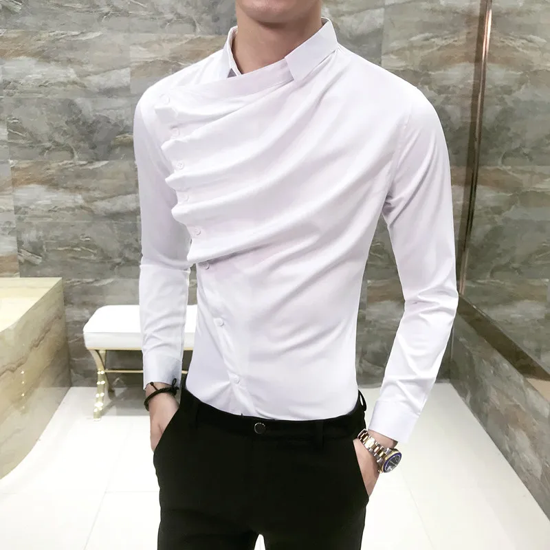 Men's high-end brand fashion business casual solid color wave long-sleeved shirts men's slim personality nightclub dress shirts