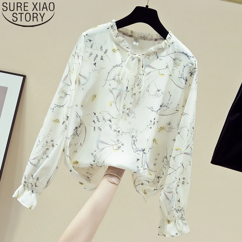 

2021 New Autumn Floral Chiffon Blouse Print Shirt Long Sleeve Shirt Women Tops Casual Stand Collar Clothes Pullover Blouse 11147