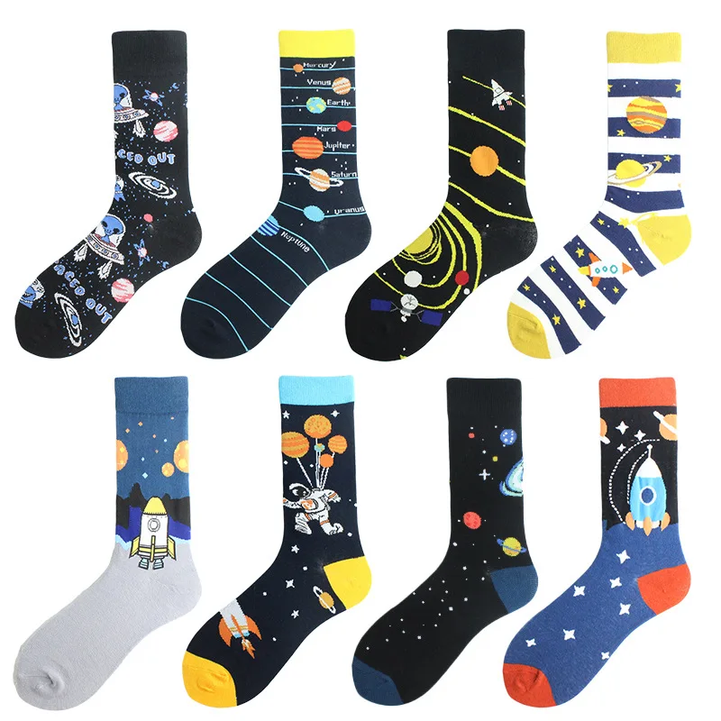 

Peonfly Cotton Combed Men's Harajuku Colorful Happy Funny Astronaut Long Warm Dress Socks for Male Wedding Christmas Gift