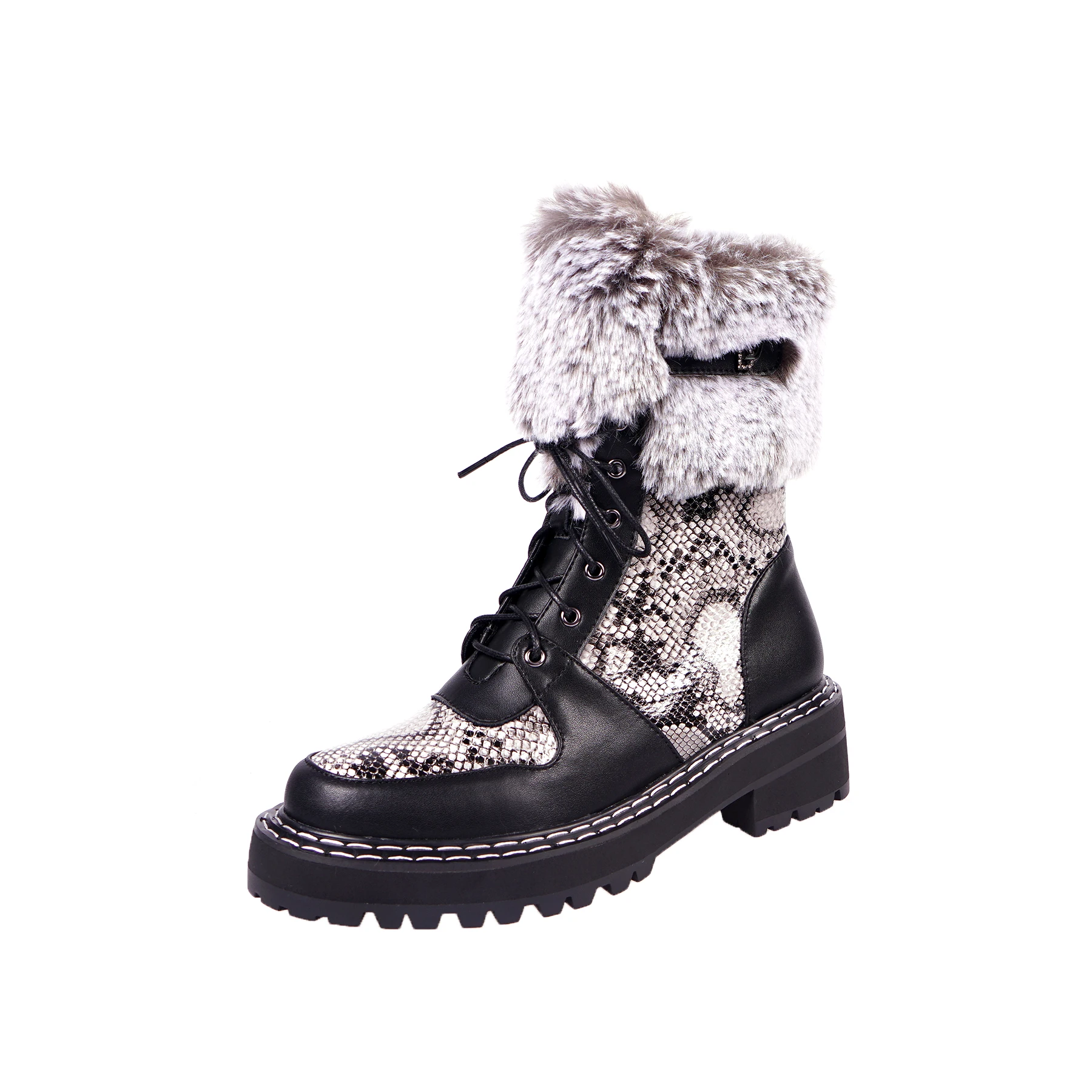 

New Snake Print Color Matching Women's Winter Plus Velvet Leather Sponge Cake Ankle Boots British Wind Increases Snow Boots