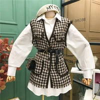 spring and autumn new style long sleeved white shirt houndstooth small fragrant tweed waistcoat vest jacket two piece suit