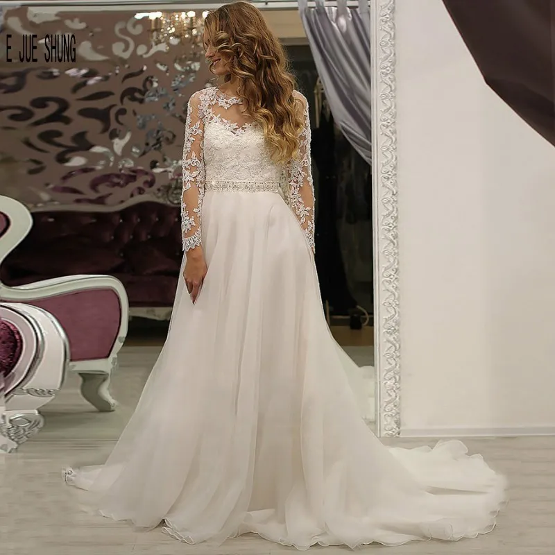 

E JUE SHUNG Sheer Neck Wedding Dresses 2019 Full Sleeve Crystal Sash Button Back Appliques Lace Bridal Gown vestidos de novia
