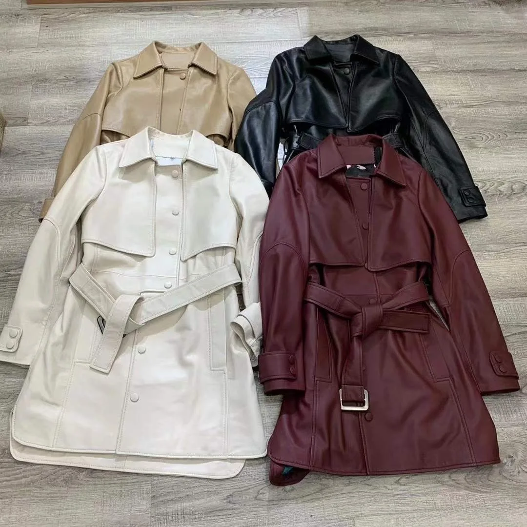 Spring Autumn New Designer Women's Sheepskin Overcoat England Style Genuine Leather Belt Trench Coat B644