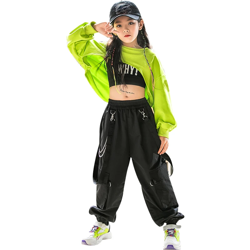 

Children'S Hip-Hop Clothes For Girls Jazz Dance Costumes Hip-Hop Cropped Fluorescent Green Suit Street Dance Costumes