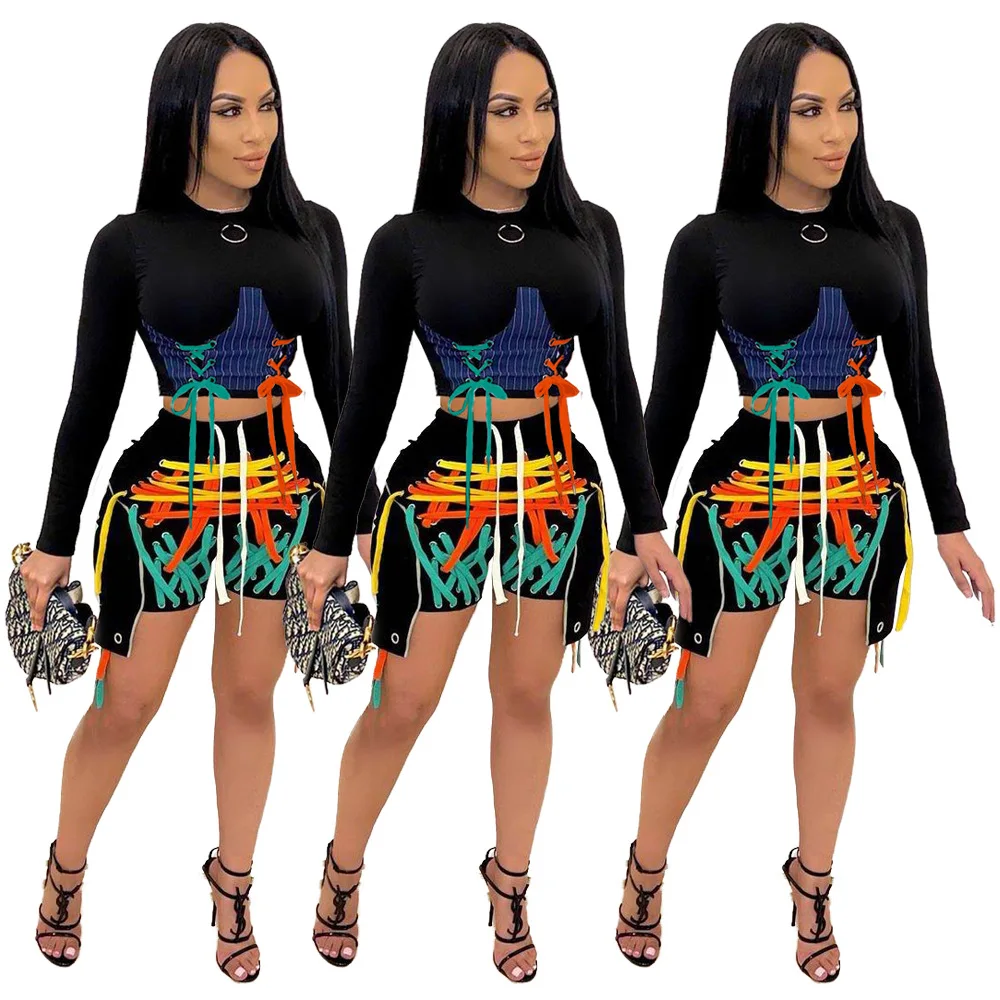 

S-2xl Fashion Trend Female Fall Outfits Women Two Piece Short Set Chic Color Matching Outfits New 2021 Wholesale Dropshipping