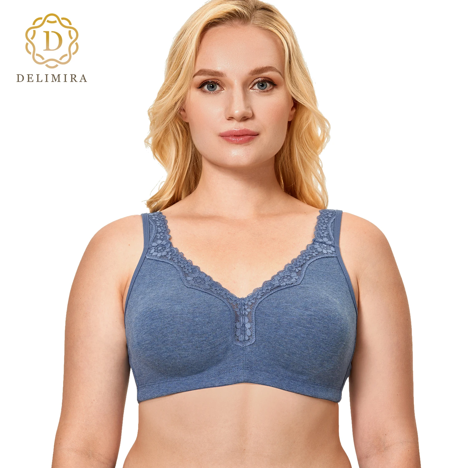 Delimira Women's Lace Trims Plus Size Wire-Free Non-Foam Comfort Cotton Bra Sleep